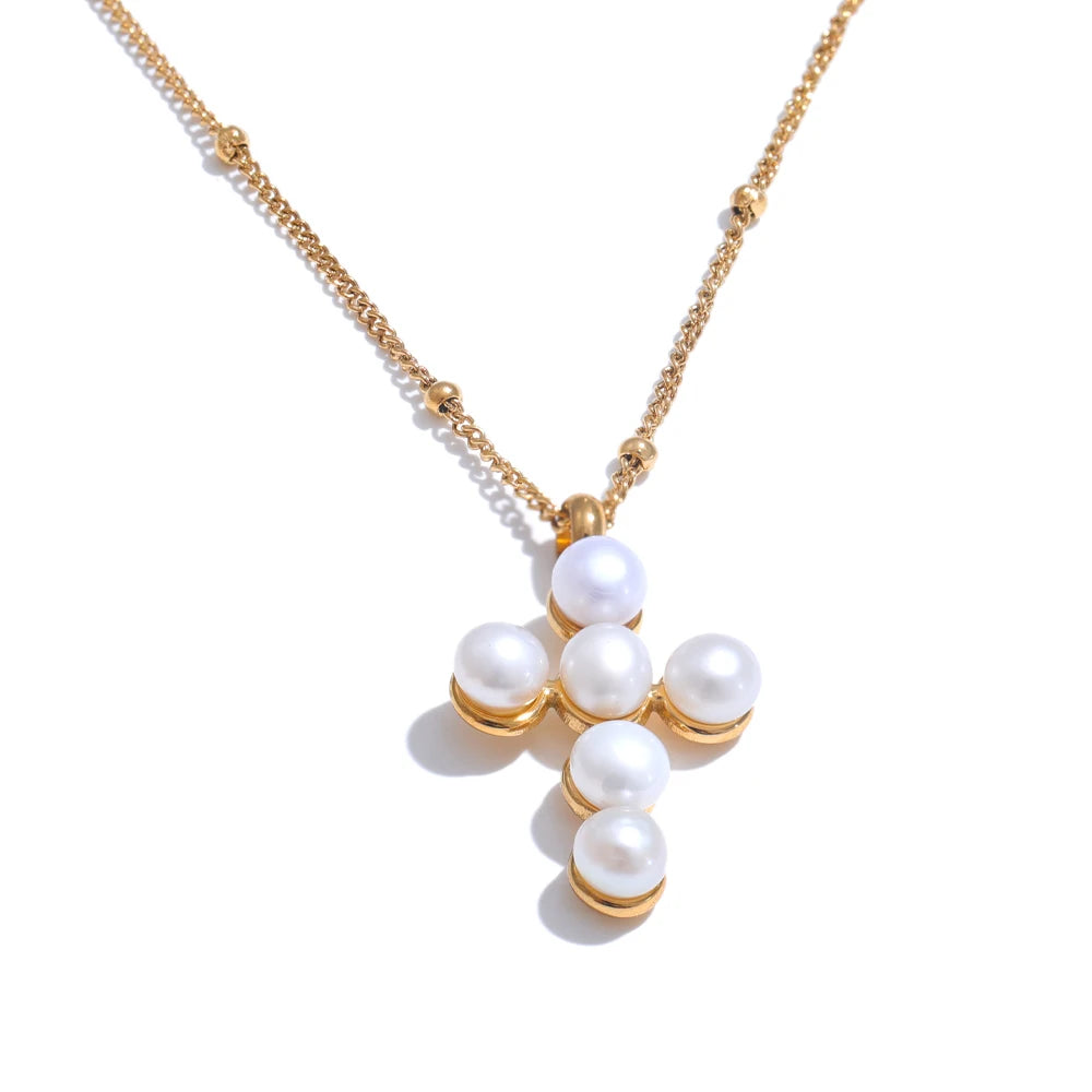 Sacred Pearl Cross Necklace - Cardi Bella