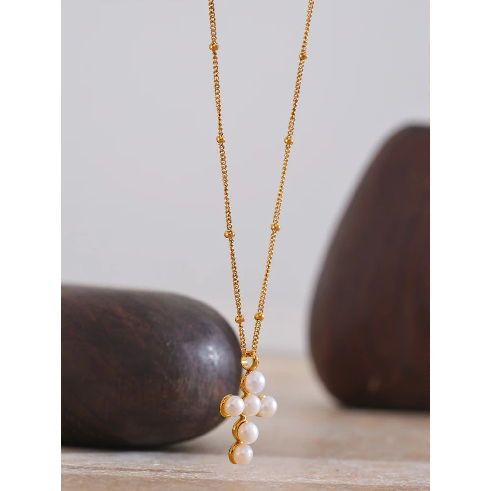 Sacred Pearl Cross Necklace - Cardi Bella